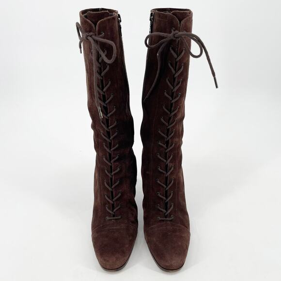 Vintage Prada Brown Suede Lace Up Square Toe High Heel Mid Calf Boots IT 37 - Picture 5 of 12
